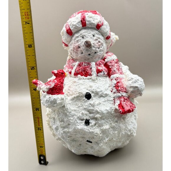 Vintage Snowman Christmas Figurine with Cardinal Bird & Red Accents Glitter - Picture 2 of 8